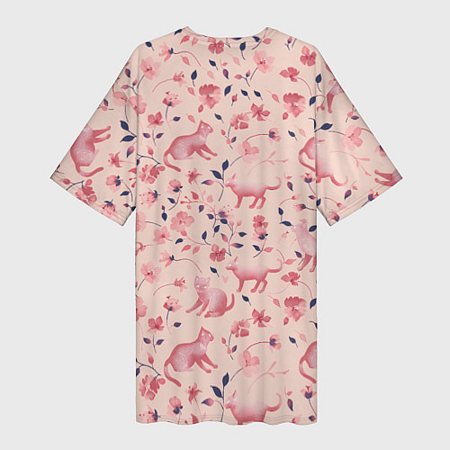 Женская длинная футболка Розовый паттерн с цветами и котиками / 3D-принт – фото 2