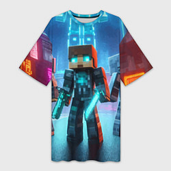 Футболка женская длинная Minecraft - ai art neon, цвет: 3D-принт