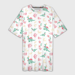 Футболка женская длинная Чаепитие с игрушечным динозавром паттерн, цвет: 3D-принт