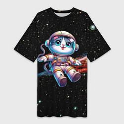 Женская длинная футболка Котёнок космонавт в открытом космосе