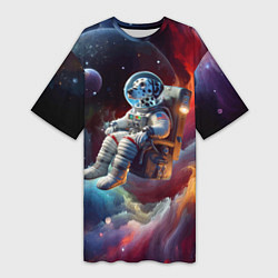 Футболка женская длинная Космонавт далматинец в неоновой галактике, цвет: 3D-принт