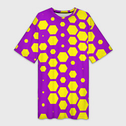 Футболка женская длинная Желтые соты на фиолетовом фоне, цвет: 3D-принт