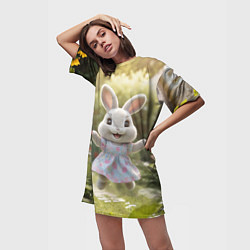 Футболка женская длинная Забавный белый кролик в платье, цвет: 3D-принт — фото 2