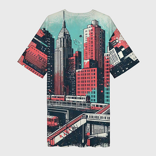 Женская длинная футболка Силуэты небоскребов в брызгах красной и голубой кр / 3D-принт – фото 2
