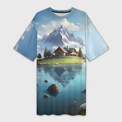 Женская длинная футболка Чудесный день на берегу озера в горах