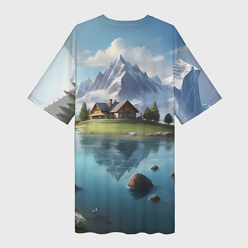 Женская длинная футболка Чудесный день на берегу озера в горах / 3D-принт – фото 2