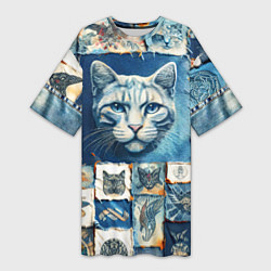 Женская длинная футболка Кошка на дениме - пэчворк