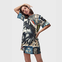 Футболка женская длинная Волк на дениме Пэчворк, цвет: 3D-принт — фото 2