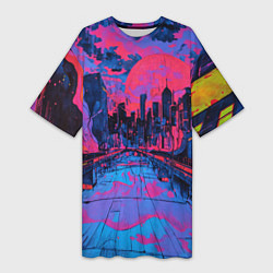 Женская длинная футболка Город в психоделических цветах