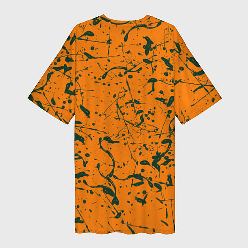 Женская длинная футболка Оранжевый с брызгами зеленой краски / 3D-принт – фото 2