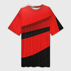 Женская длинная футболка Объемные волны абстракции и геометрии черно-красны