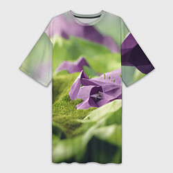 Женская длинная футболка Геометрический пейзаж фиолетовый и зеленый
