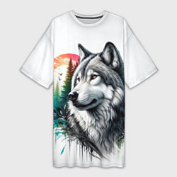 Женская длинная футболка Портрет волка на фоне природы