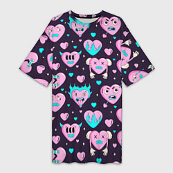 Футболка женская длинная Паттерн с арт сердцами, цвет: 3D-принт