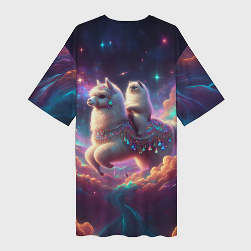Женская длинная футболка Космос и кот едет верхом на альпаке / 3D-принт – фото 2