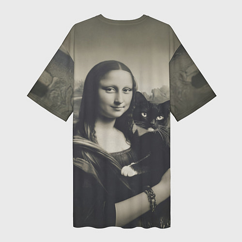 Женская длинная футболка Мона Лиза держит кота в черно белом цвете / 3D-принт – фото 2