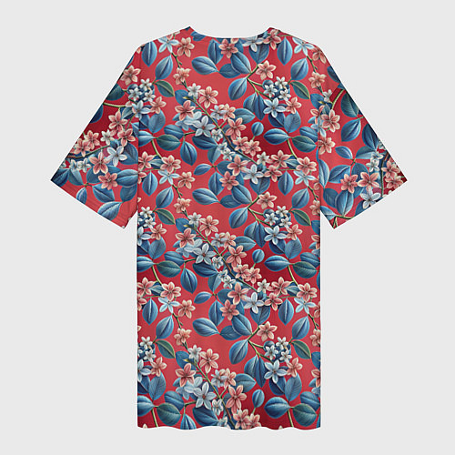 Женская длинная футболка Сирень на красном фоне / 3D-принт – фото 2