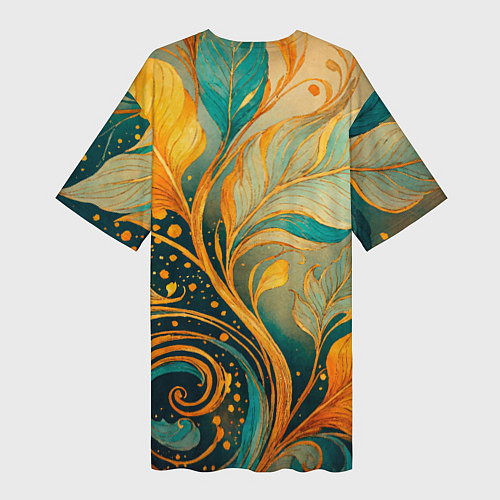Женская длинная футболка Золотые и бирюзовые листья абстракция / 3D-принт – фото 2