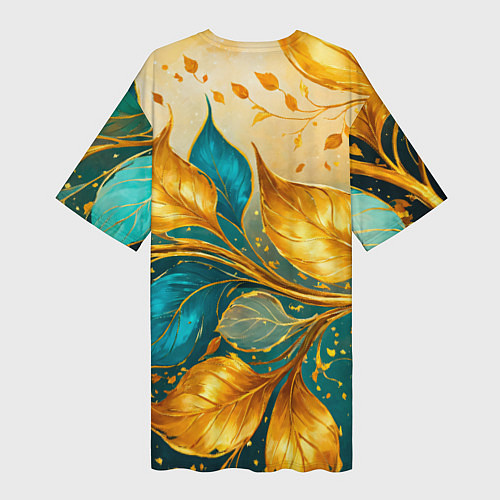 Женская длинная футболка Листья абстрактные золото и бирюза / 3D-принт – фото 2