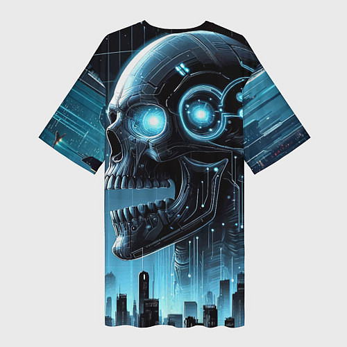 Женская длинная футболка Cyberpunk skull - metropolis neon glow / 3D-принт – фото 2