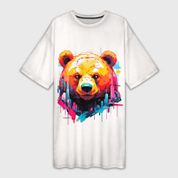 Женская длинная футболка Мишка в городе: голова медведя на фоне красочного