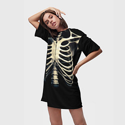 Футболка женская длинная Человеческий скелет на черном фоне, цвет: 3D-принт — фото 2