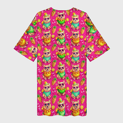 Женская длинная футболка Щенята и летний вайб паттерн / 3D-принт – фото 2