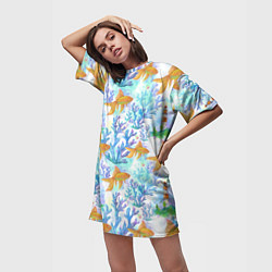 Футболка женская длинная Золотая рыбка и кораллы акварельные, цвет: 3D-принт — фото 2