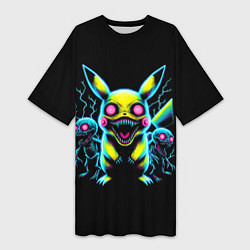 Женская длинная футболка Pikachu and skeletons - neon glow ai art