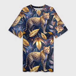 Футболка женская длинная Леопард с золотыми листьями паттерны, цвет: 3D-принт