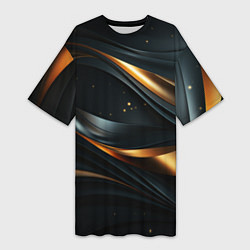 Женская длинная футболка Черная абстракция с золотыми изгибами