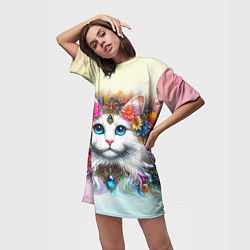 Футболка женская длинная Белый кот с голубыми глазами в цветах, цвет: 3D-принт — фото 2