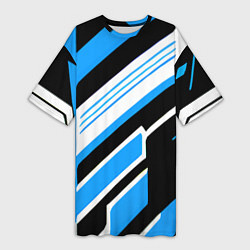 Футболка женская длинная Бело-синие полосы на чёрном фоне, цвет: 3D-принт