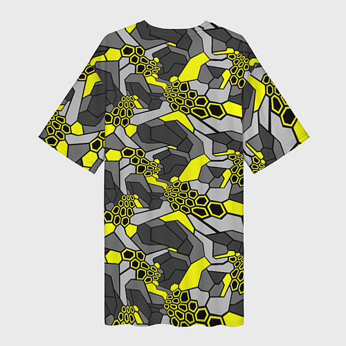 Женская длинная футболка Шестиугольная текстура желтого камуфляжа / 3D-принт – фото 2