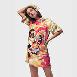 Футболка женская длинная The cat eats noodles, цвет: 3D-принт — фото 2