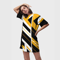 Футболка женская длинная Black and yellow stripes on a white background, цвет: 3D-принт — фото 2