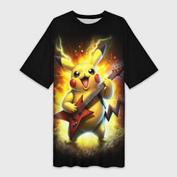 Футболка женская длинная Пикачу рок звезда с электрогитарой, цвет: 3D-принт