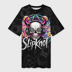 Футболка женская длинная Slipknot на фоне черепа демона с рогами в очках, цвет: 3D-принт