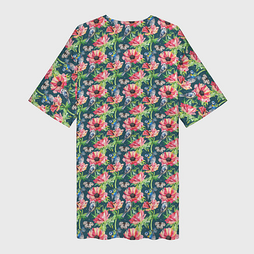 Женская длинная футболка Маки и синицы паттерн / 3D-принт – фото 2