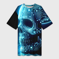 Футболка женская длинная Cyber neon skull - ai art с дорожками на плате, цвет: 3D-принт
