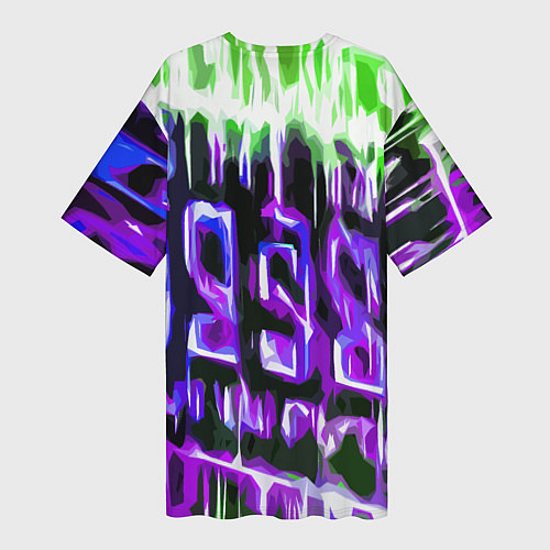 Женская длинная футболка Фиолетово-зелёная абстракция на чёрном фоне / 3D-принт – фото 2