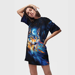 Футболка женская длинная Волк и луна - импрессионизм, цвет: 3D-принт — фото 2