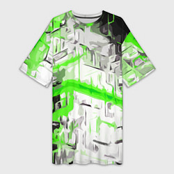 Женская длинная футболка Бело-зелёная абстракция на чёрном фоне