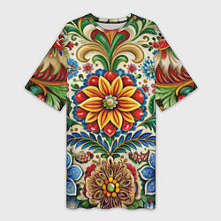 Женская длинная футболка Русские классические узоры и орнамент