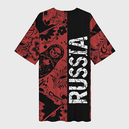 Женская длинная футболка Россия на фоне матрёшек балалайки и славянских узо / 3D-принт – фото 2