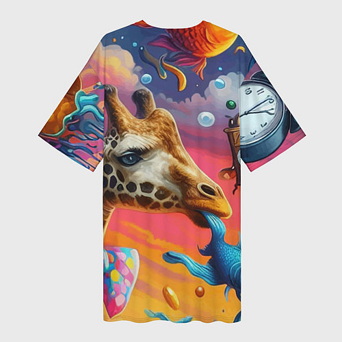 Женская длинная футболка Жираф в бабочке держит во рту рыбу - сюрреализм / 3D-принт – фото 2