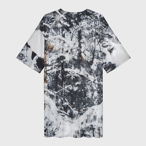 Женская длинная футболка Черный лис в заснеженном лесу / 3D-принт – фото 2
