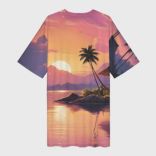 Женская длинная футболка Домик на берегу закат / 3D-принт – фото 2