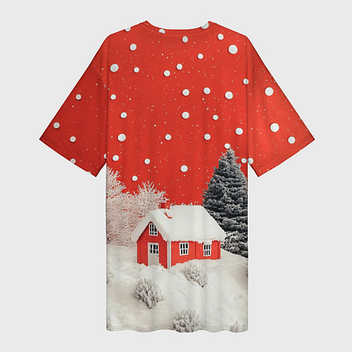 Женская длинная футболка Новогодний домик и красное небо / 3D-принт – фото 2