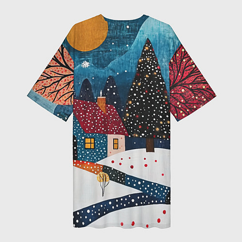 Женская длинная футболка Новогодняя ночь пейзаж / 3D-принт – фото 2